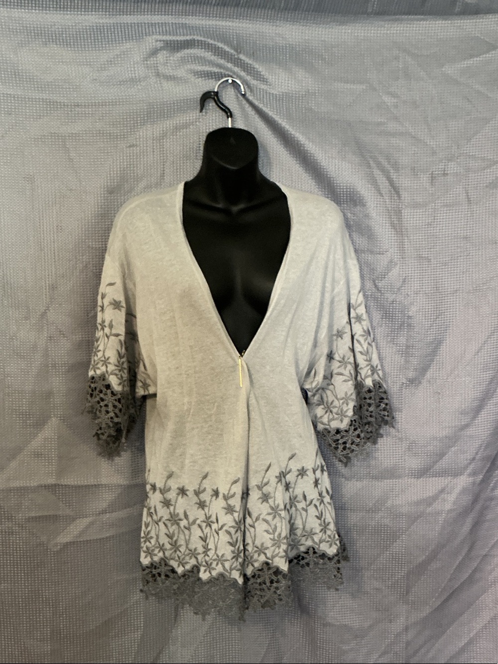Sunday in Brooklyn Gray Embroidered V-Neck Cardigan with Lace Trim